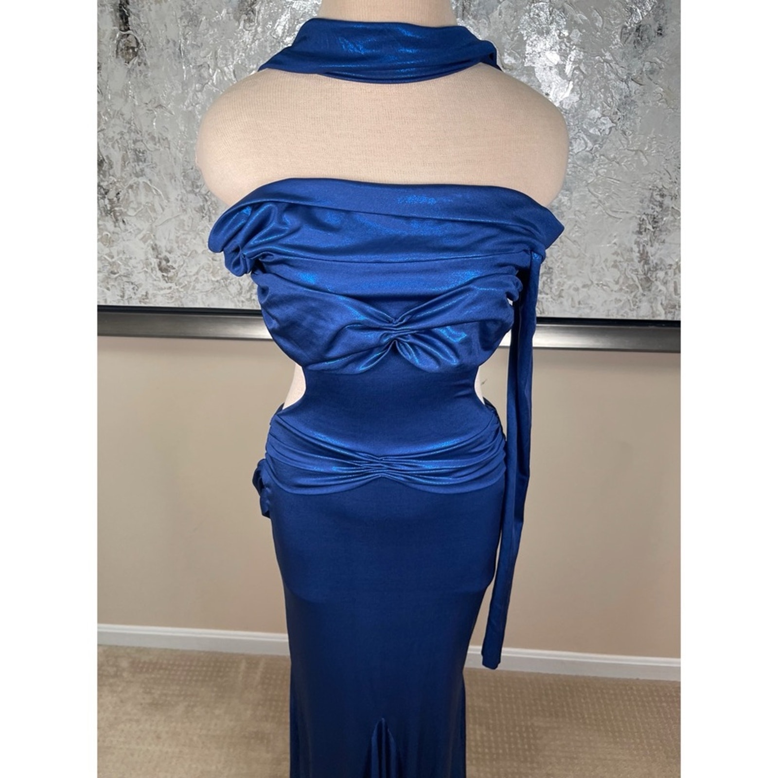 Di Petsa Moonlight Off The Shoulder Ruched Cutout Metallic Blue Maxi Dress Sz M — image 3 of 8